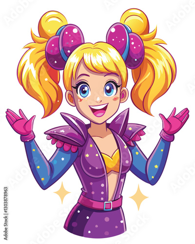 A vibrant, joyful pop star with bright blonde hair styled in high twin buns, radiating energy and happiness.