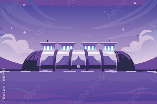 A sleek, futuristic energy station floats above a churning ocean, harnessing wave power via advanced turbines and solar panels.  Intricate details are visible.