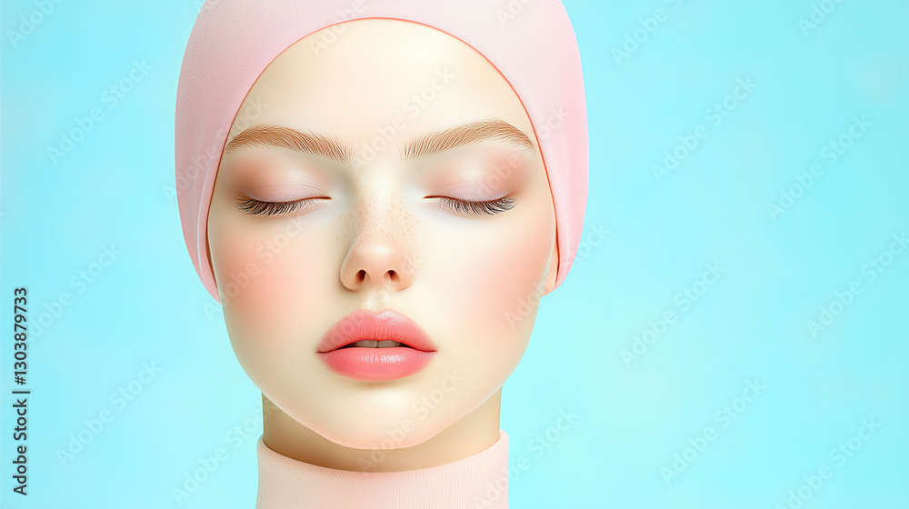 Model with a soft expression wearing a pink headscarf against a soothing backdrop, embodying beauty through alopecia and confidence Model with a soft expression wearing a pink headscarf against a soothing backdrop, embodying beauty through alopecia and confidence