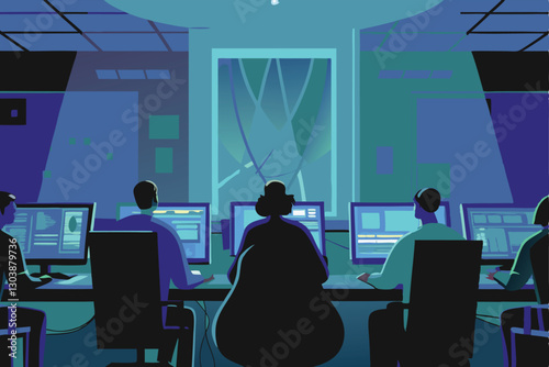A diverse cybersecurity team intensely monitors and neutralizes a large-scale digital attack, preventing system failure.