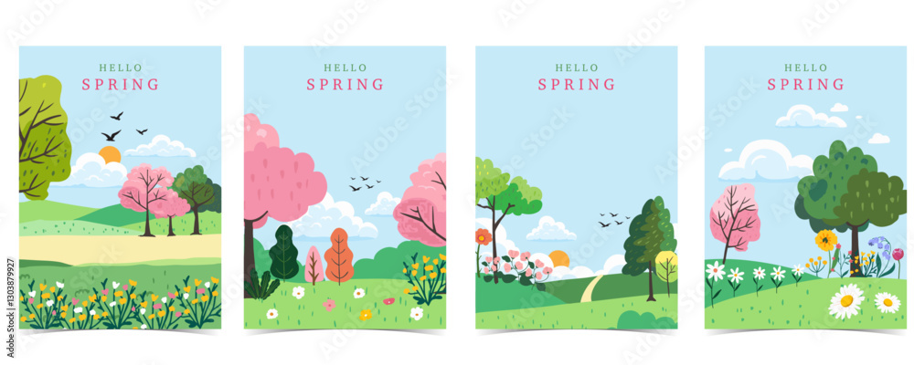 Fototapeta premium Spring landscape background with mountain and tree for a4 vertical design