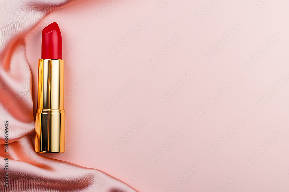 Obraz premium Vibrant red lipstick beauty studio product photography soft background close-up makeup essentials