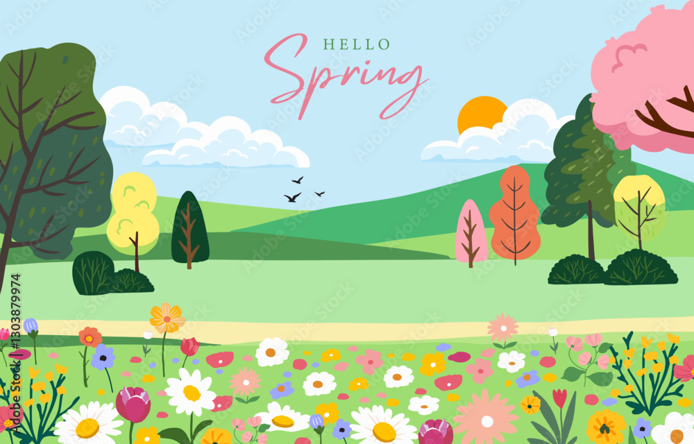 Fototapeta premium Spring landscape background with mountain and tree for horizontal design