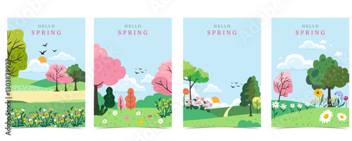 Spring landscape background with mountain and tree  for a4 vertical design