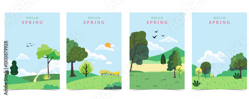 Spring landscape background with mountain and tree  for a4 vertical design