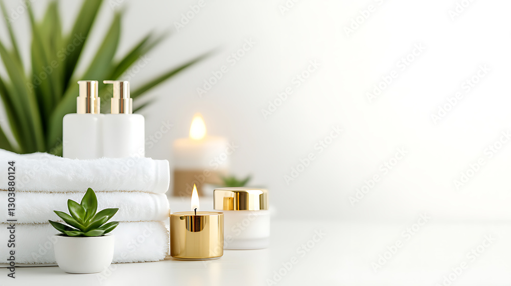 Relaxing spa setup with candles and plants home interior lifestyle minimalistic calm environment Relaxing spa setup with candles and plants home interior lifestyle minimalistic calm environment