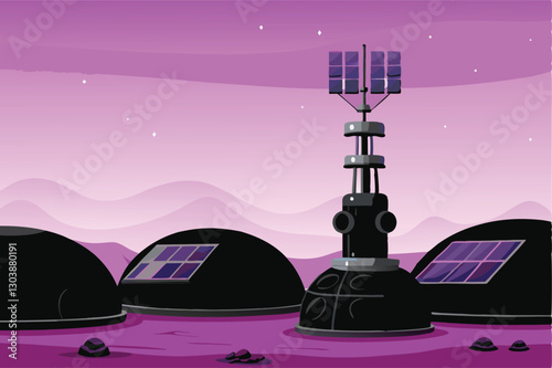 A sleek, futuristic Mars base, powered by large solar arrays, showcasing advanced architectural design and sustainable energy solutions on the Martian landscape.