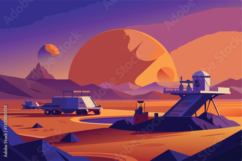 A futuristic Martian mining operation, showcasing advanced robotic excavators and habitat structures amidst rusty red Martian landscape. Sci-fi aesthetic.