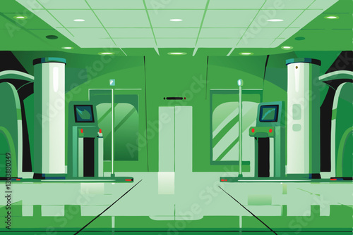A futuristic airport security checkpoint with advanced biometric scanners and automated baggage handling systems; sleek, minimalist design.
