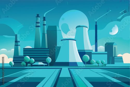 Design a futuristic nuclear fusion power plant, sleek and modern, showcasing clean energy production and minimal environmental impact.
