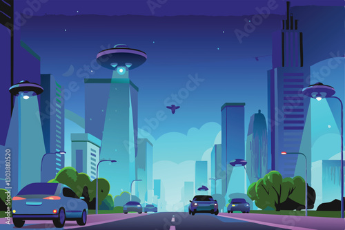 Design a futuristic cityscape where AI-powered emergency responders navigate sleek, flying vehicles amidst towering, bioluminescent skyscrapers.