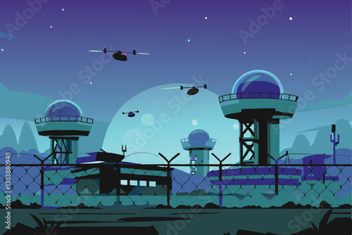 A futuristic military base, heavily automated, showcasing advanced defense systems like laser turrets and drone launch bays.  Show sleek, metallic architecture.