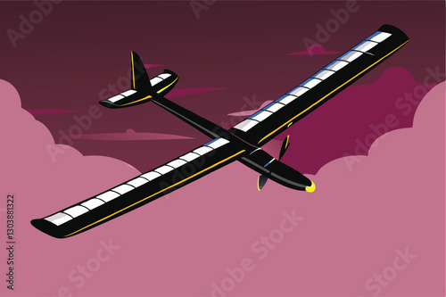 A sleek, futuristic solar-powered aircraft soars effortlessly above a sprawling, futuristic cityscape at sunset, showcasing advanced aviation technology.