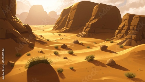 Sun-Drenched Desert Landscape with Rugged Rock Formations