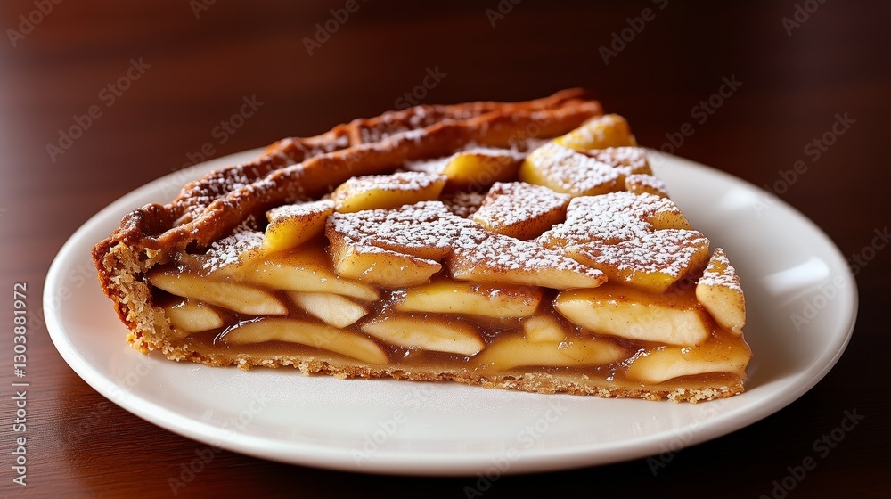 Delicious slice of apple pie sprinkled with icing sugar on white plate Delicious slice of apple pie sprinkled with icing sugar on white plate