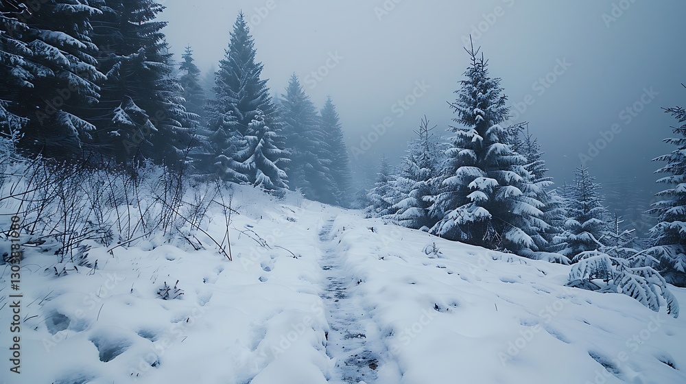 Obraz premium Winter landscape. trail in Christmas snow. Mountain forest overcast day
