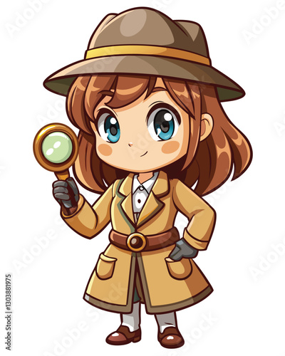 Illustrate a cute, kawaii anime detective girl, wearing a beige trench coat, holding a magnifying glass.  She should have large eyes and a cheerful expression.