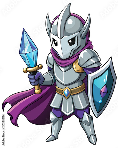 Generate a cute, chibi-style illustration of a kawaii knight in gleaming silver armor, holding a fluffy, white floofball.