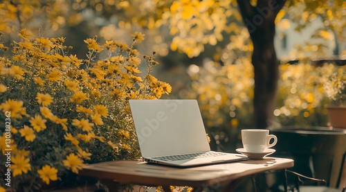 Laptop on a wooden table in a vibrant garden setting with coffee