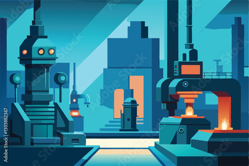 A futuristic high-tech foundry meticulously crafting a precision metal component using advanced robotic automation and laser technology.