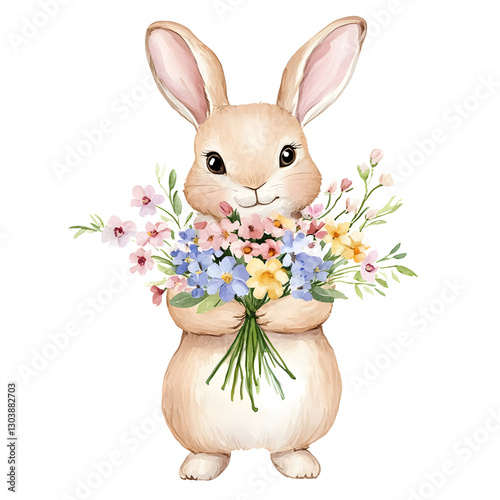 cute bunny holding colorful bouquet of spring flowers, radiating joy and warmth. Perfect for spring themes and celebrations