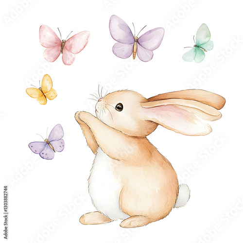 cute bunny playing with colorful butterflies in whimsical scene