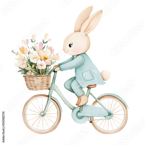 cute watercolor bunny riding bicycle with basket of flowers, showcasing joyful spring vibe