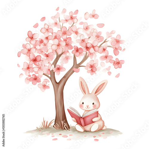 cute bunny reading book under blooming cherry tree, surrounded by pink petals, evokes sense of tranquility and joy