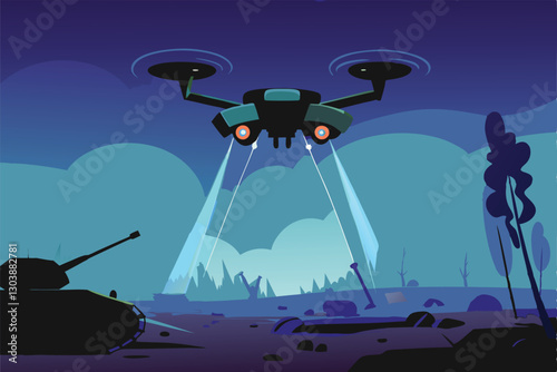 A futuristic AI drone, equipped with advanced sensors, meticulously scans a war-torn battlefield, analyzing troop movements and identifying threats.