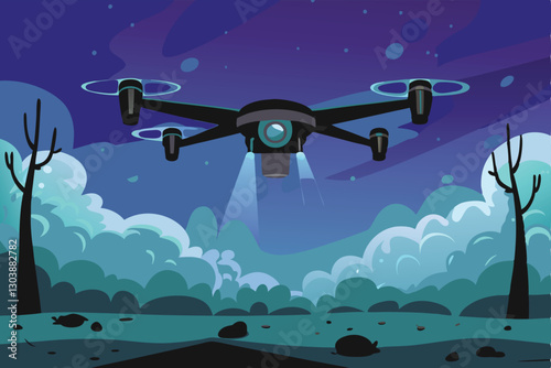 Futuristic AI drone, advanced sensors, scans a devastated battlefield, identifying threats, post-conflict analysis.