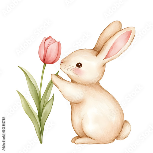 watercolor bunny gently sniffing pink tulip, showcasing its soft fur and playful nature