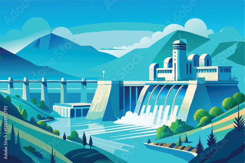 A majestic hydroelectric dam, its turbines churning, powerfully generating electricity for a sprawling city skyline at night.