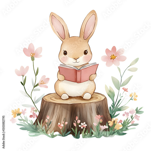 cute bunny sitting on tree stump, reading book surrounded by flowers
