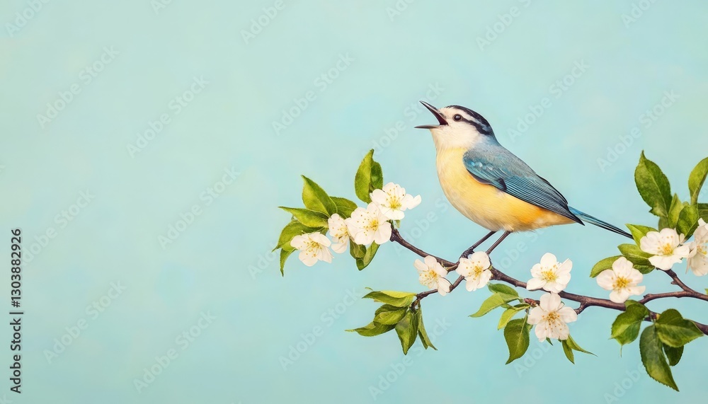 Colorful Bird Sitting on Branch with White Flowers Against Blue Background