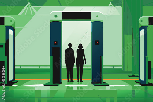 Futuristic AI-powered access gate meticulously scanning visitors' biometrics for authorized entry.  High-tech security system in operation.
