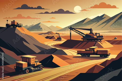 A vast open-pit mine showcasing colossal excavators and haul trucks, depicting the scale and impact of industrial mining operations.