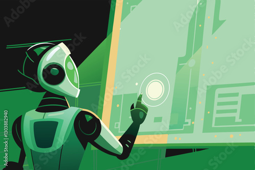 A futuristic AI security robot analyzes a suspicious object, highlighting its features with glowing overlays.  Detailed, realistic depiction.