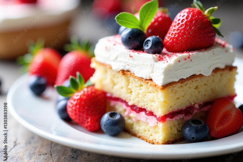 Delicious Strawberry and Blueberry Layer Cake with Cream Topping Served on a White Plate Surrounded by Fresh Berries and Set Against a Rustic Wooden Background Delicious Strawberry and Blueberry Layer Cake with Cream Topping Served on a White Plate Surrounded by Fresh Berries and Set Against a Rustic Wooden Background