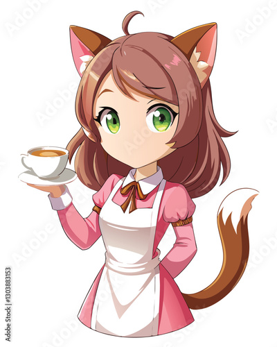 A cute neko girl barista with brown cat ears, wearing a stylish apron, serves coffee in a cozy cafe.