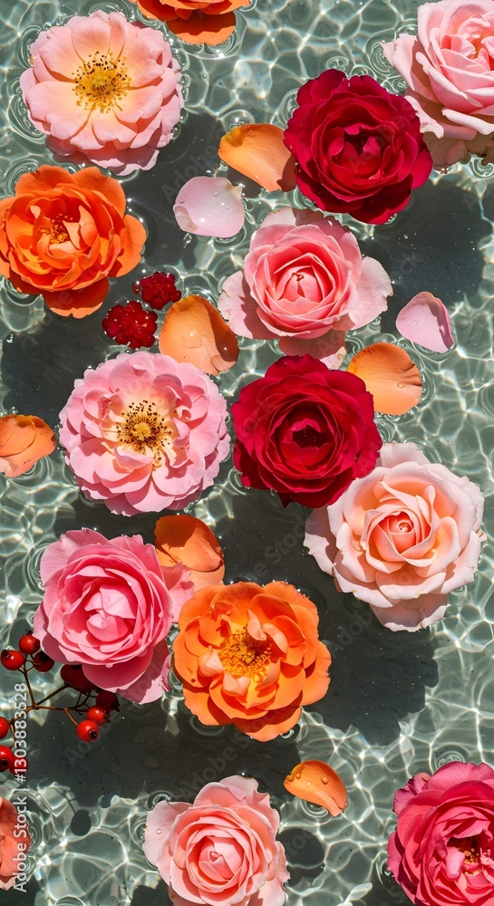 Fototapeta premium Vibrant Orange and Pink Roses Floating in Crystal-Clear Water – Stock Photo, Elegant Rose Blossoms in a Serene Water Pool, ai generated, Beautiful Floating Roses Stock Photo ai generated