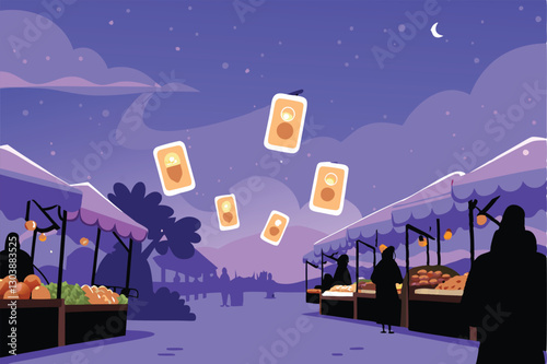 Vibrant local market bustling with activity, showcasing vendors and customers using smartphones and digital payment systems for cashless transactions.