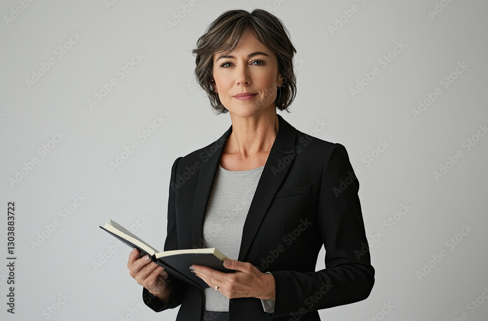 Confident businesswoman holding a notebook in a minimalistic studio setting, ready to share ideas