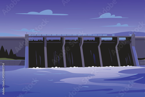 A colossal hydroelectric dam, showcasing its immense scale and power generation capabilities, nestled within a rugged mountainous landscape.