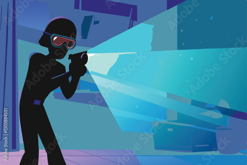 A sleek secret agent utilizes cutting-edge augmented reality glasses to analyze a complex surveillance scene, revealing hidden data overlays.