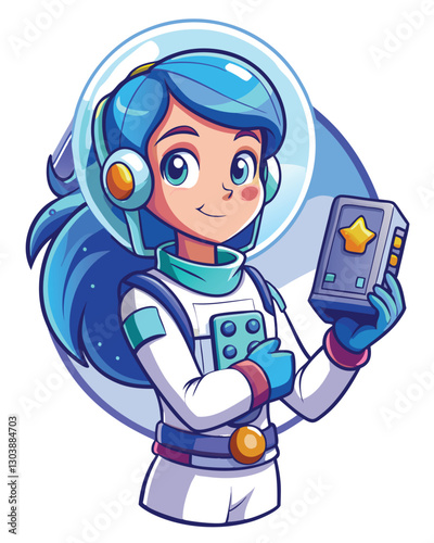 A young female astronaut, bravely exploring space, clad in a pristine white and blue spacesuit.  Detailed helmet reflection.
