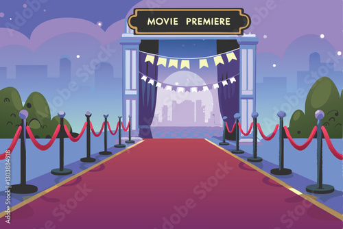 A glamorous movie premiere unfolds on a vibrant red carpet, showcasing excited attendees and promotional displays. Capture the energy and excitement of the event.