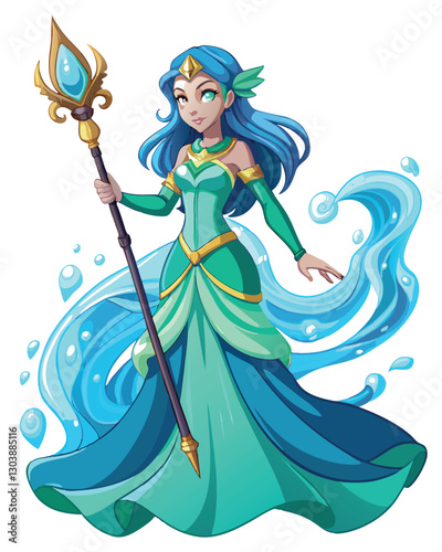 A young woman, water mage, flowing turquoise dress, magical water effects, serene expression, fantasy art, ethereal beauty.