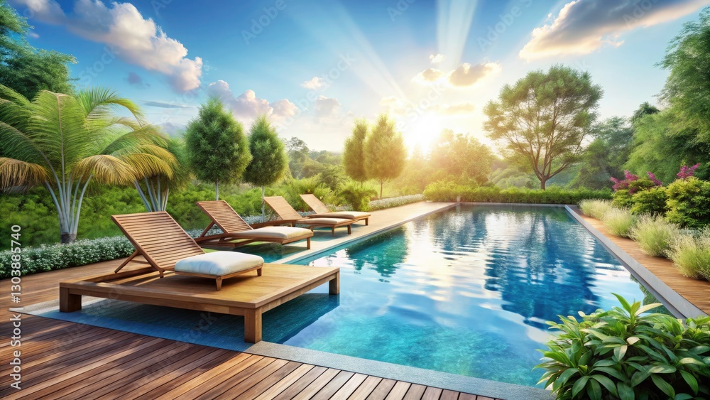 Fototapeta premium Serene Swimming Pool Landscape with Wooden Sun Beds, Relaxing Atmosphere and Ample Copy Space for Text - Ideal for Summertime Retreats and Relaxation Themes