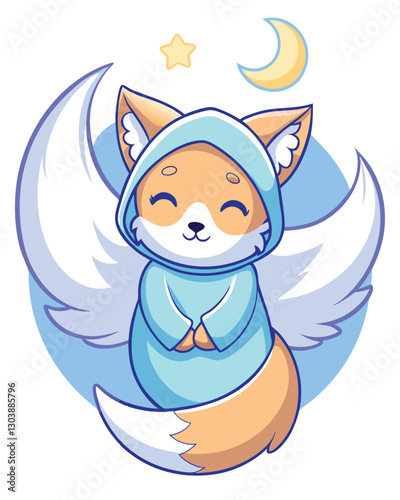 Adorable baby fox angel with luminous white wings, wearing a tiny golden halo, nestled amongst fluffy clouds.