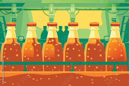 High-tech automated beverage bottling plant showcasing modern machinery and efficient production line. Trendy, futuristic design elements.
